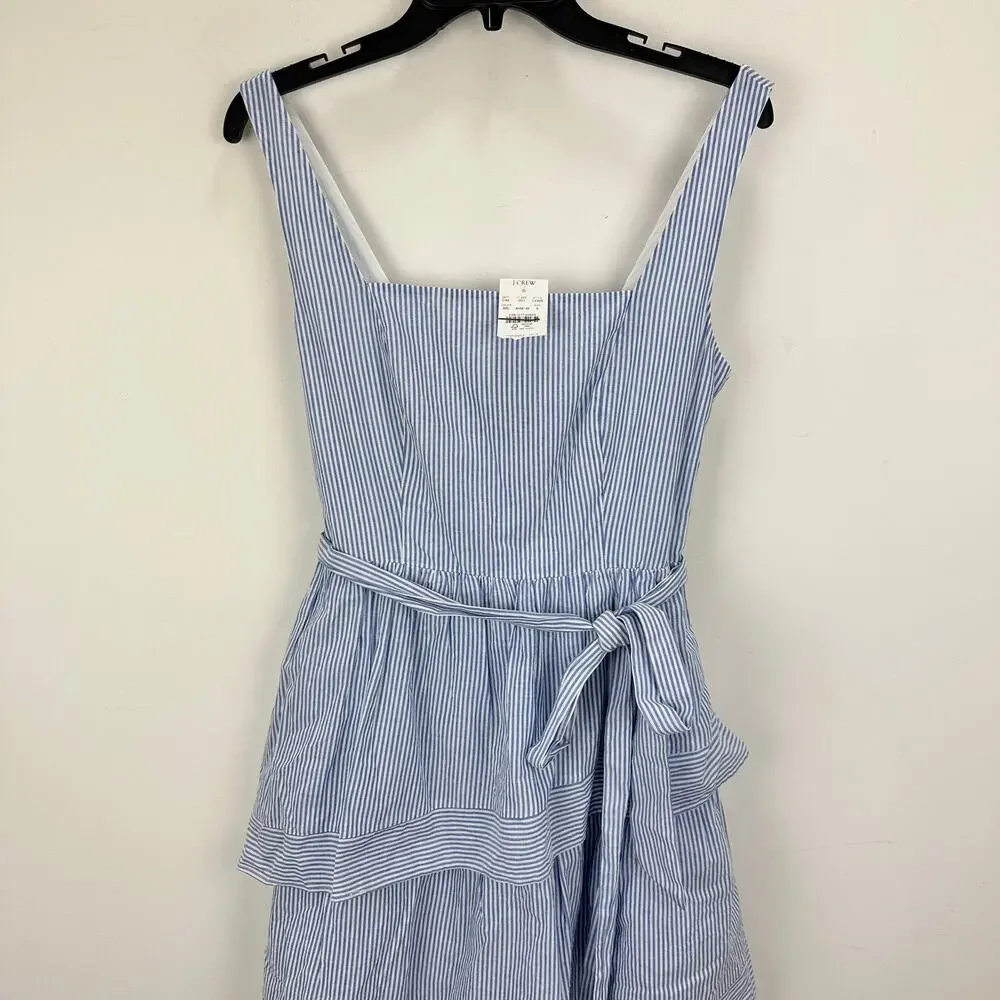 J.Crew Striped Sleeveless Belted Tiered Dress White Banker Blue Retro US 6 NWT